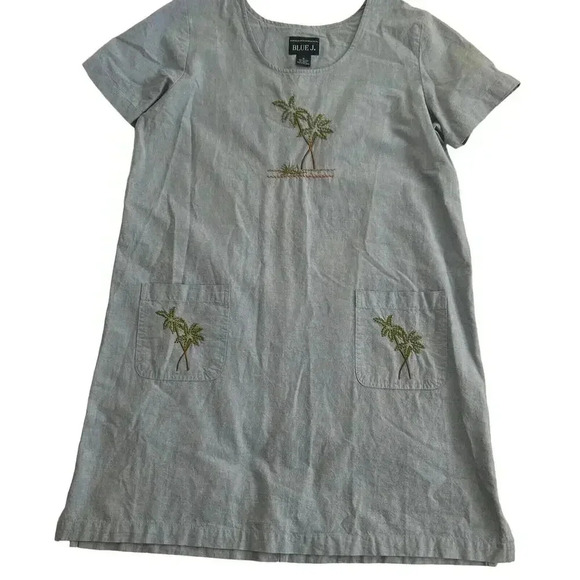 Vintage Embroidered Tropical Palm Short Sleeve Denim Blue J. Shift Dress Size M - Picture 1 of 10